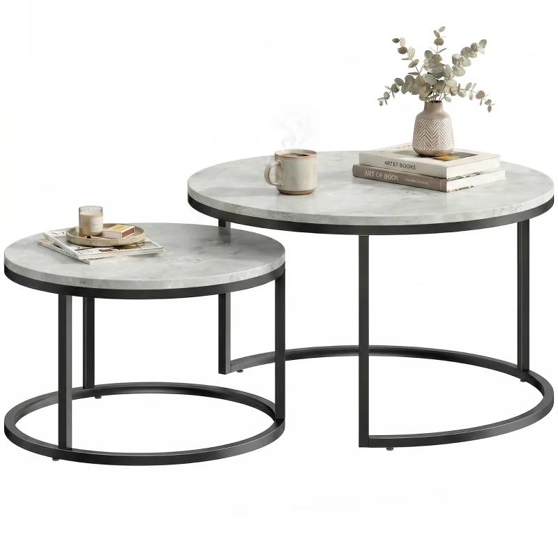 HOMCOM Modern Coffee Table Set of 2, Nesting Side Tables w/ Metal Base for Living Room Bedroom Office Marble Grey