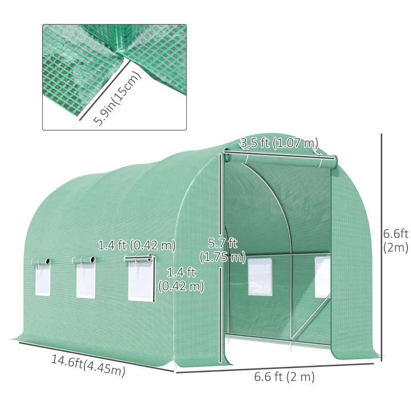 Outsunny 15' x 6.6' x 6.6' Walk-in Tunnel Greenhouse Garden Plant Seed Growing Warm House Outdoor Hot House w/ Roll Up Door, Windows, PE Cover Green