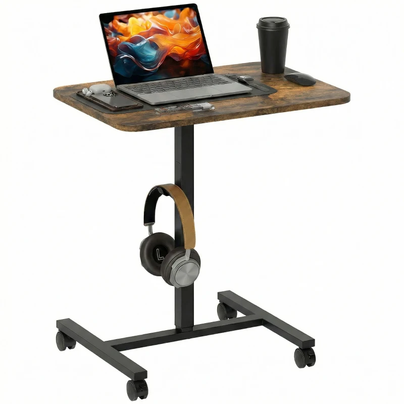 HOMCOM Height Adjustable Standing Desk, Pneumatic Sit Stand Desk with Wheels and Headphone Hook, Rustic Brown