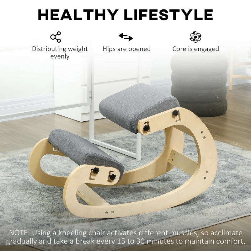 HOMCOM Ergonomic Kneeling Chair, Adjustable Rocking Wood Kneeling Stool, Desk Chair, Improve Posture, Grey