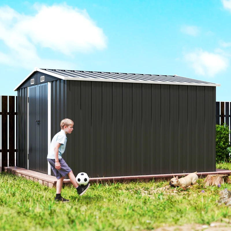 Outsunny 10' x 10' Metal Shed, Heavy Duty Outdoor Storage Shed with 4 Vents and Lockable Double Doors, Dark Grey