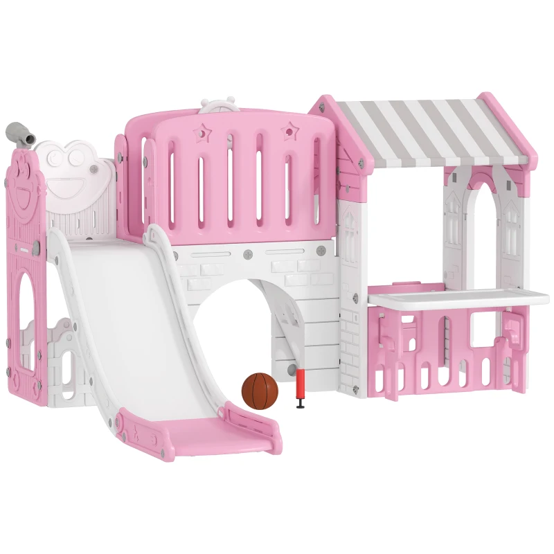 Qaba 7-in-1 Toddler Slide, Kids Slide Climber Playset with Playhouse and Basketball Hoop for 1-4 Years, Pink