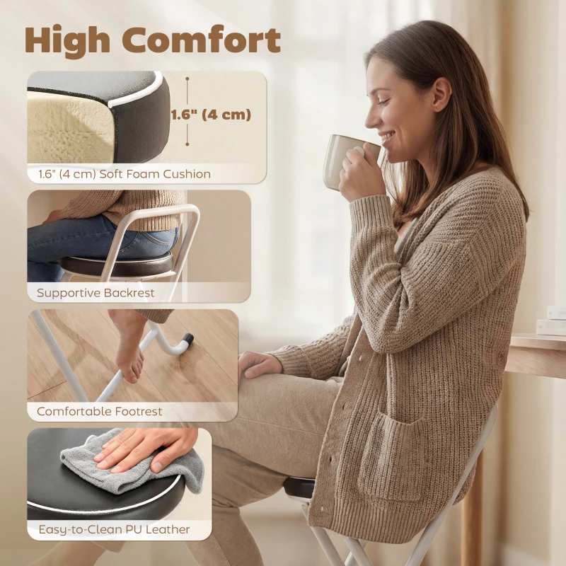 HOMCOM Foldable Bar Stools Set of 2, Folding Kitchen Chairs with PU Cushioned Seat, Footrest, Black