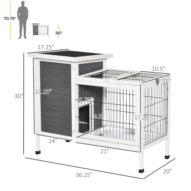 PawHut Outdoor Rabbit Hutch Wooden Bunny Hutch Rabbit Litter Box with Run,Open Roof, 36.25"L x 20"W x 30"H, Grey/White
