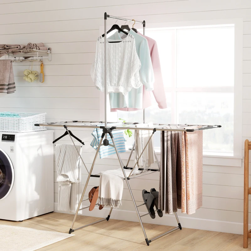 HOMCOM Clothes Drying Rack, Foldable Stainless Steel Laundry Drying Rack with Adjustable Gullwings and Shoe Holders, Silver