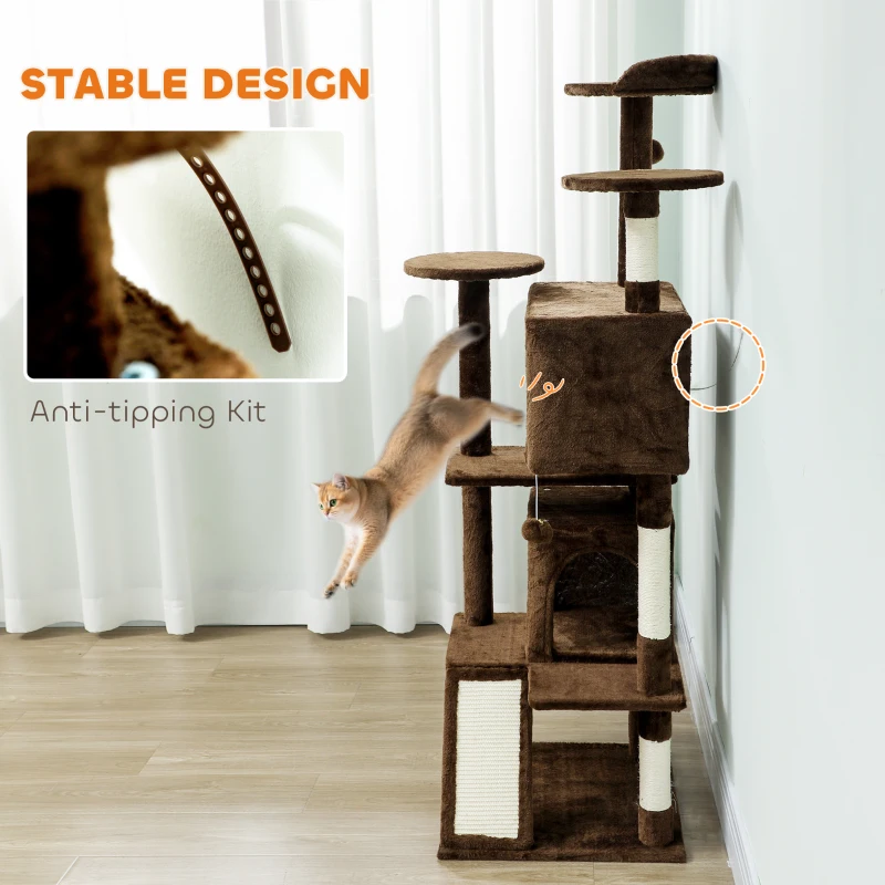 PawHut 54" Cat Tree, Multi-Level Cat Tower with Scratching Posts, Cat Condos, Bed, Platforms, Ramp, Toy Ball, Light Brown