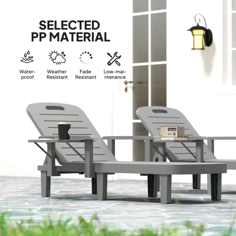 Outsunny Set of 2 Tanning Chair, 5 Positions Adjustable Outdoor Lounge Chairs with Foldable Side Table, Dark Grey