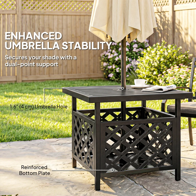 Outsunny 22" Outdoor Coffee Table, Patio Side Table with Umbrella Hole Slatted, Metal Top, for Garden, Backyard, Poolside, Black