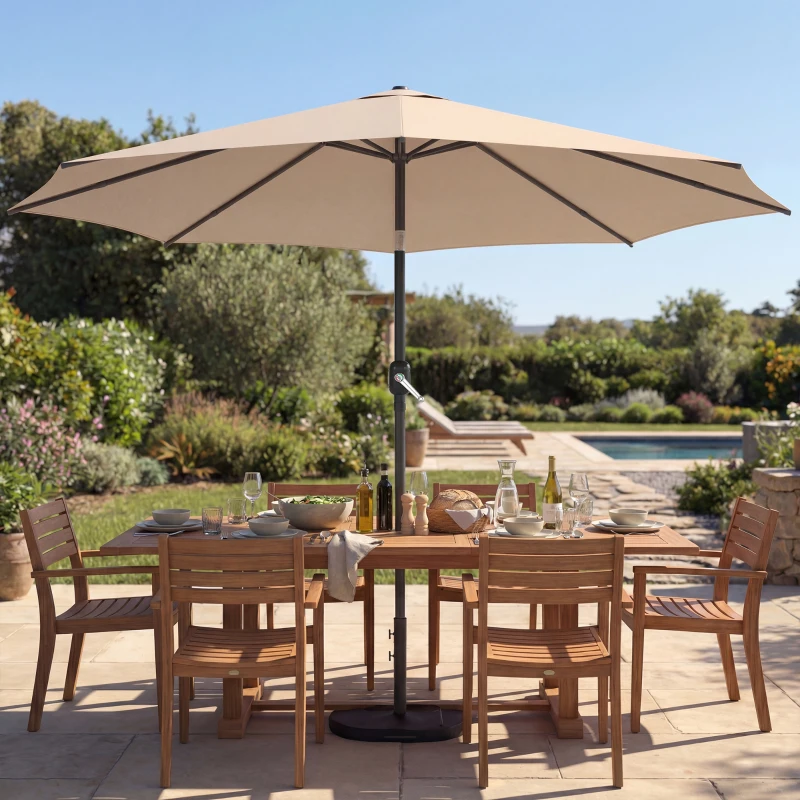 Outsunny 10' x 10' Round Market Umbrella with Base and Sandbag, Patio Umbrella with Crank Handle and Tilt, Khaki