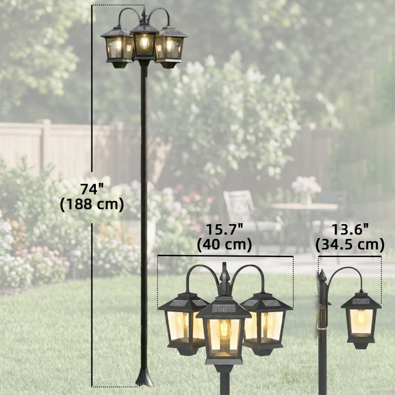 Outsunny 74" 3-Head Solar Lamp Post Light, Waterproof LED Solar Light Posts with Automatic Dusk-to-Dawn Sensor, IP44 Waterproof