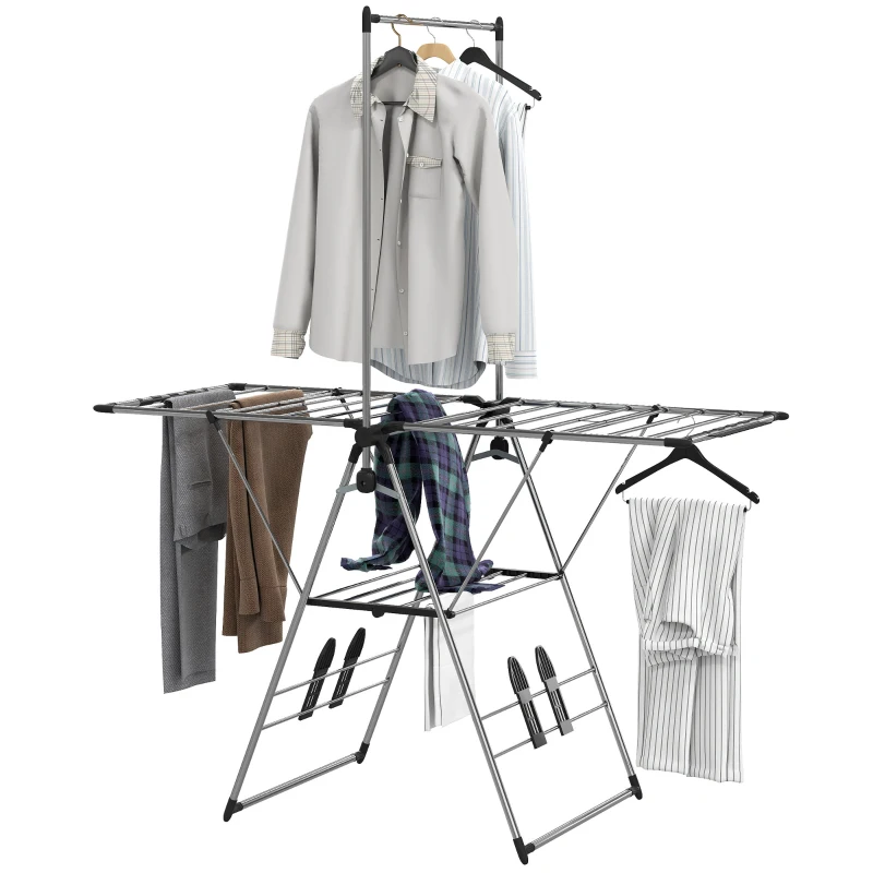 HOMCOM Clothes Drying Rack, Foldable Stainless Steel Laundry Drying Rack with Adjustable Gullwings and Shoe Holders, Silver