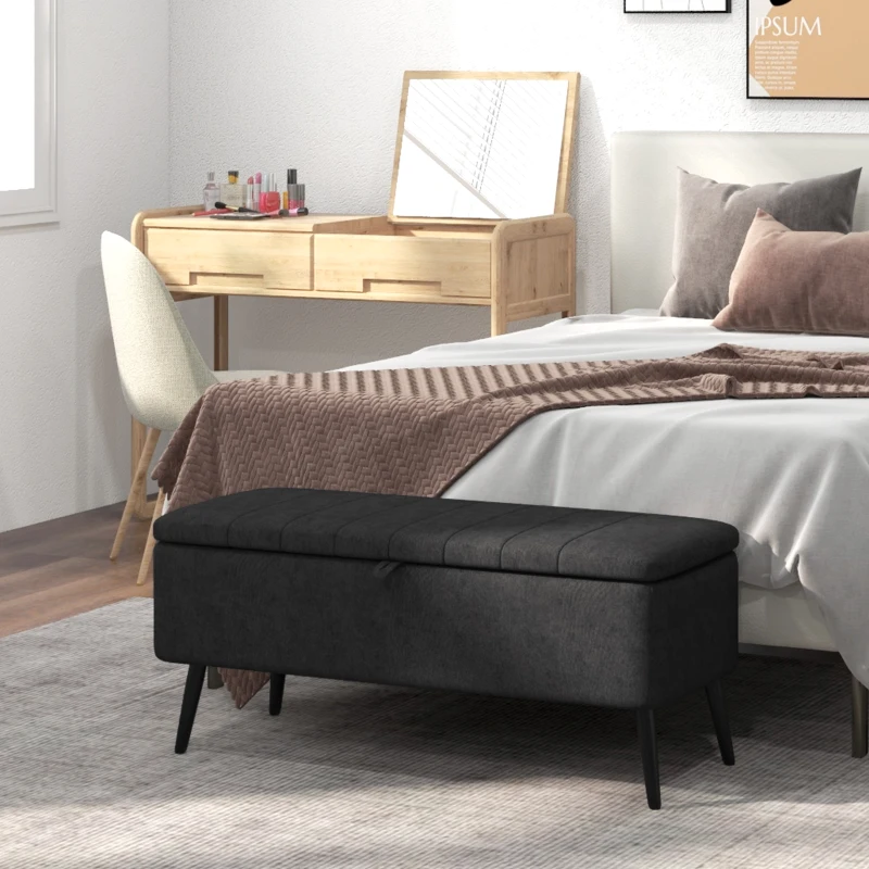 HOMCOM 40" Ottoman with Storage, Linen Upholstered Storage Ottoman Bench with Steel Legs for Living Room, Bedroom Black