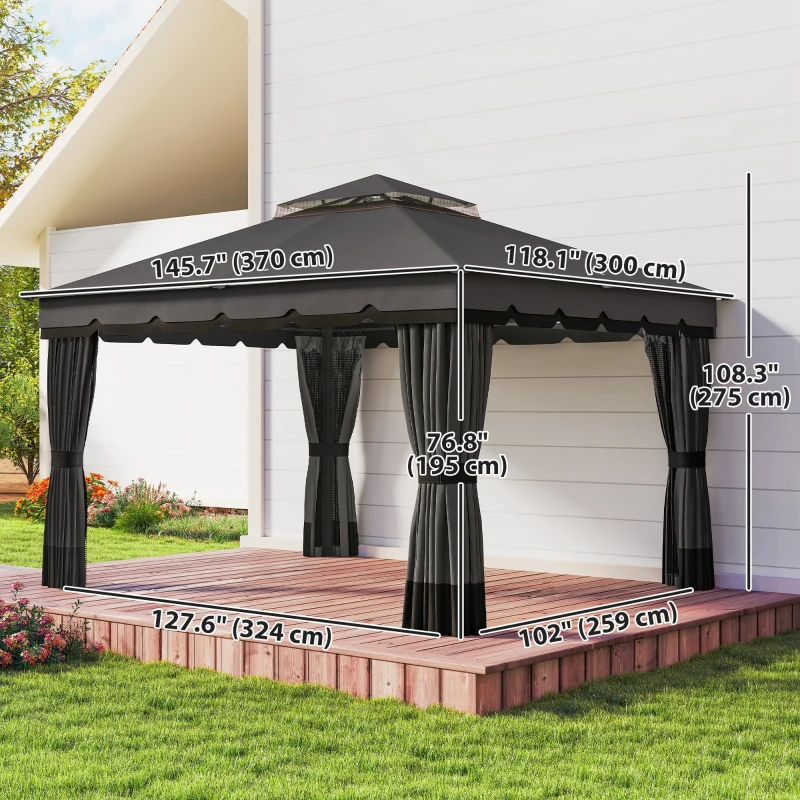 Outsunny 10' x 12' Double Roof Patio Gazebo Canopy, Outdoor Gazebo Shelter with Netting & Curtains, for Garden, Lawn and Deck