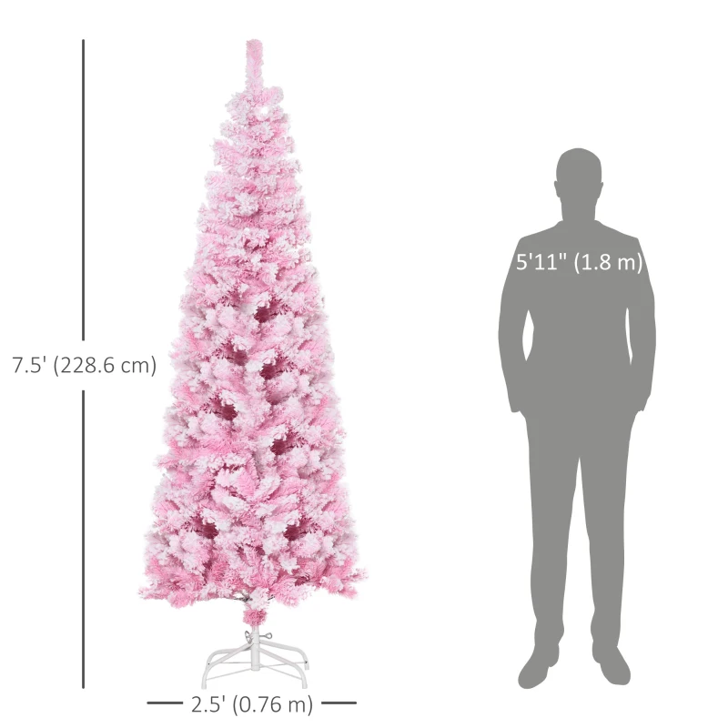 HOMCOM 7.5 FT Snow Flocked Artificial Christmas Tree, Pencil Xmas Tree with Realistic Branches, Auto Open and Steel Base, Pink
