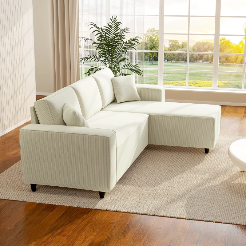 HOMCOM Corner Sofa with Changeable Chaise, Corduroy L-Shaped Sectional Sofa with Pocket Spring, 2 Pillows, Cream White