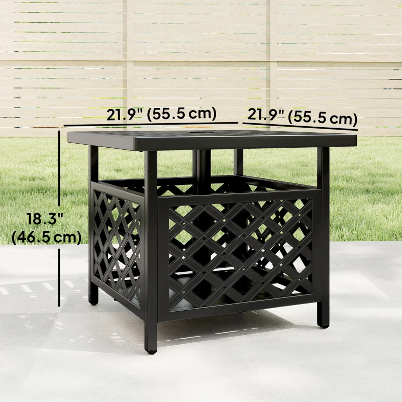 Outsunny 22" Outdoor Coffee Table, Patio Side Table with Umbrella Hole Slatted, Metal Top, for Garden, Backyard, Poolside, Black