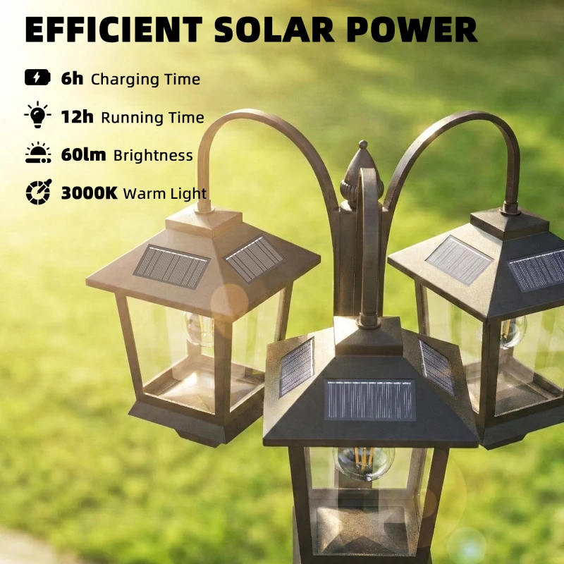Outsunny 74" 3-Head Solar Lamp Post Light, Waterproof LED Solar Light Posts with Automatic Dusk-to-Dawn Sensor, IP44 Waterproof