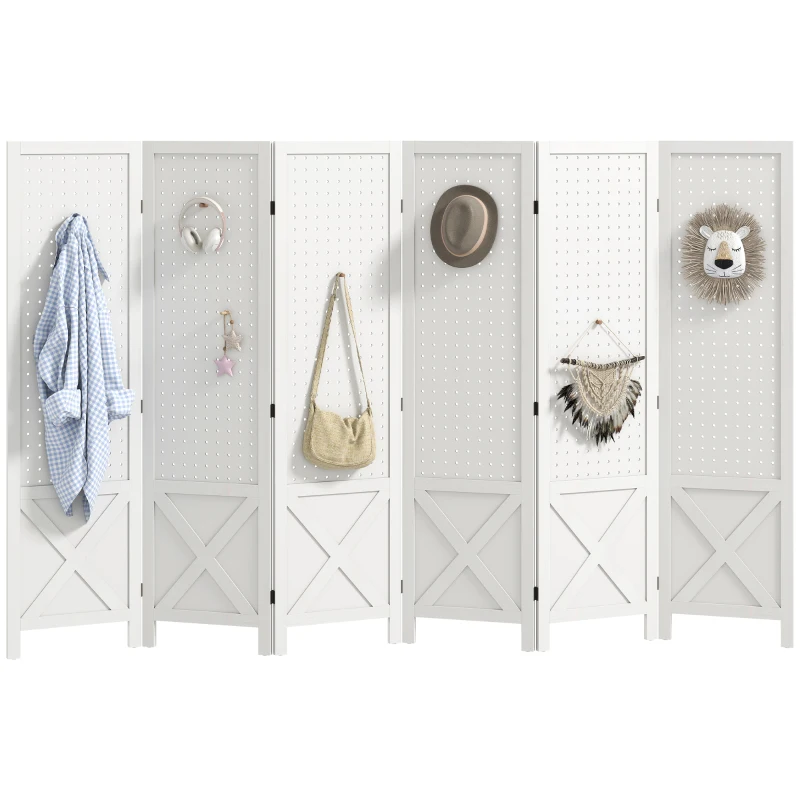 HOMCOM 56.9" 6 Panel Wooden Room Divider with Pegboard Display, Folding Privacy Screen for Home Office, White