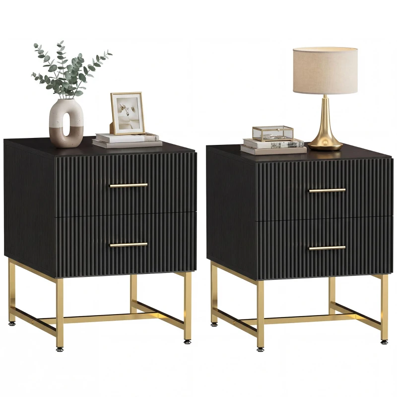 HOMCOM 2 Pieces Nightstands with Storage, Modern Bedside Tables with 2 Fluted Drawers and Gold Legs for Bedroom, Black