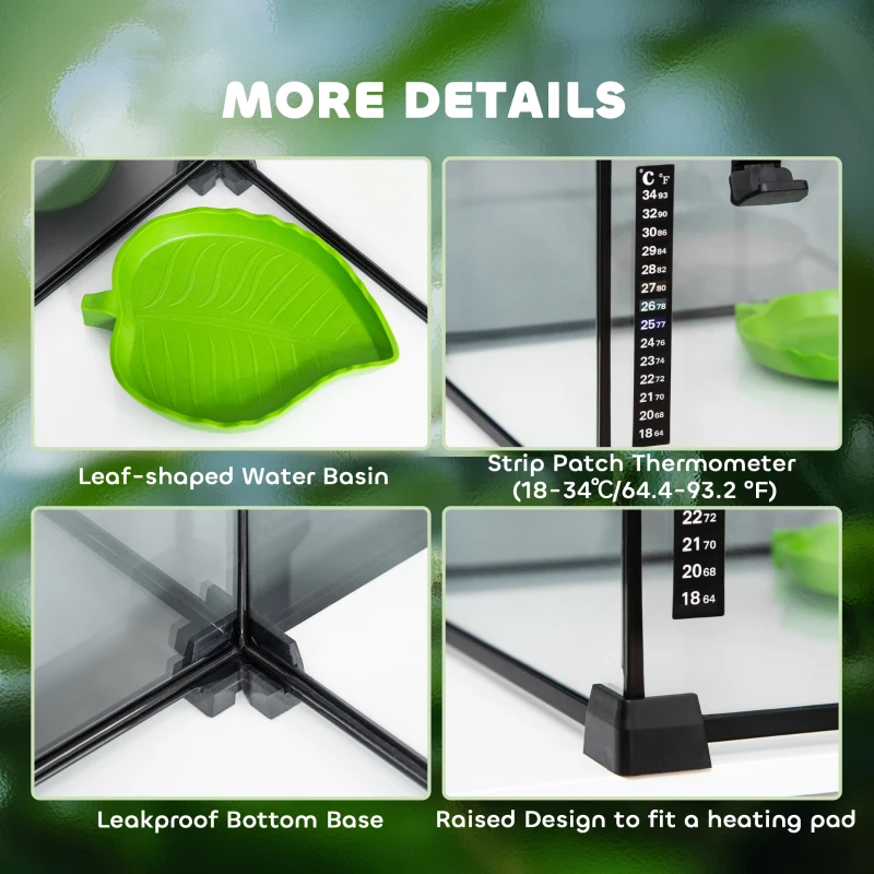 PawHut Glass Reptile Terrarium with Thermometer, Water Basin, Full View Visually for Lizards, Horned Frogs, Snakes, Spiders