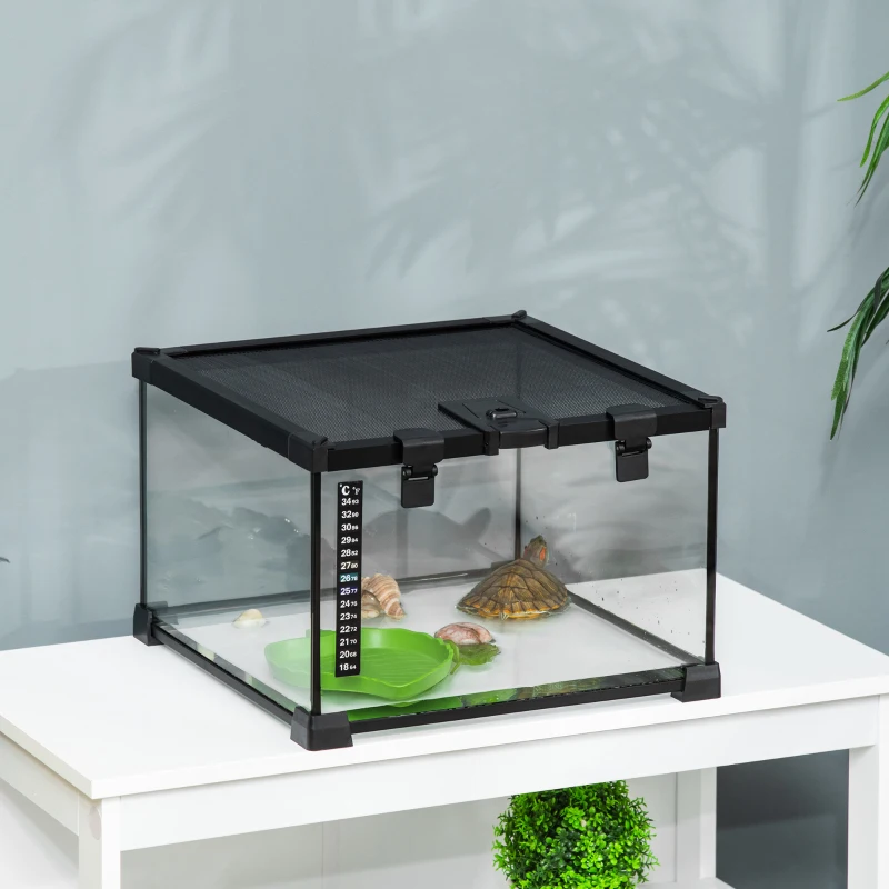 PawHut Glass Reptile Terrarium with Thermometer, Water Basin, Full View Visually for Lizards, Horned Frogs, Snakes, Spiders