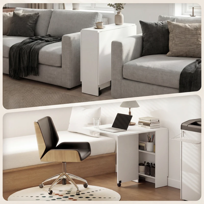 HOMCOM Extendable Dining Table, Collapsible Folding Table w/ 2-tier Shelves and Rolling Casters, White