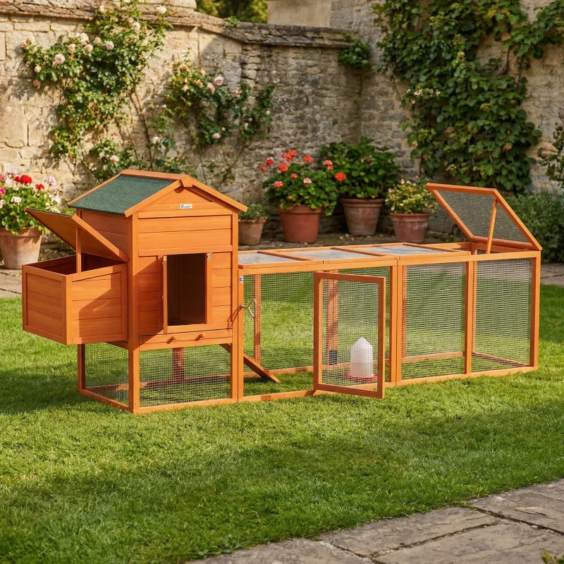 PawHut 117" Extra Large Chicken Coop with Asphalt Roof, Wooden Hen House with Slide-out Tray, Quail Hutch with Nesting Box, Orange