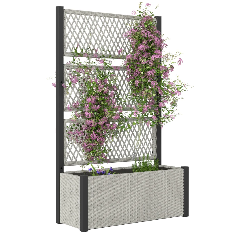 Outsunny Wicker Outdoor Planter with Trellis, 58" Standing Garden Bed with Liner, Drainage Holes for Climbing Plants, Mixed Grey