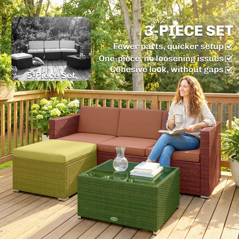 Outsunny 3 Pieces Patio Furniture Set with Cushions, Outdoor PE Rattan Wicker Conversation Corner Sofa Set, Khaki