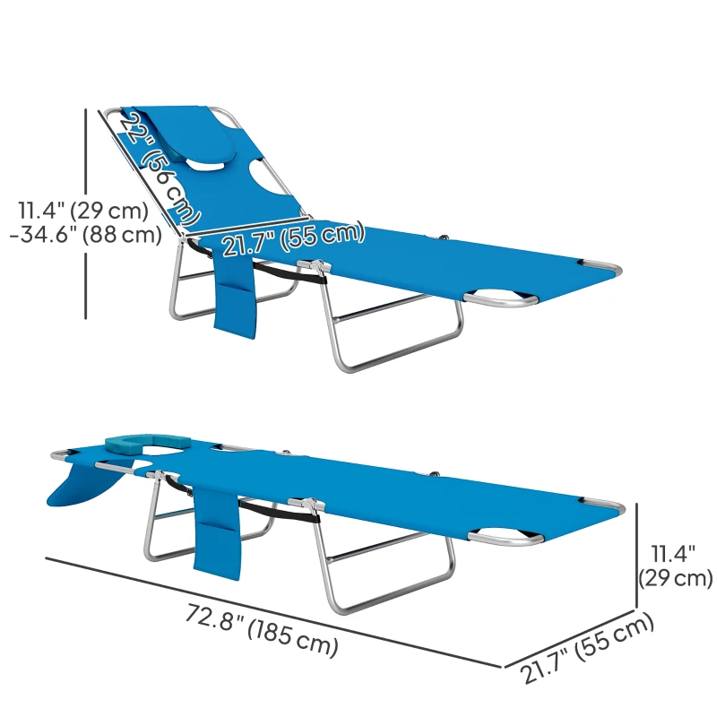 Outsunny Folding Outdoor Lounge Chair, 5-Level Tanning Chair with Face Hole, Side Pocket, Carry Strap for Beach Pool, Blue