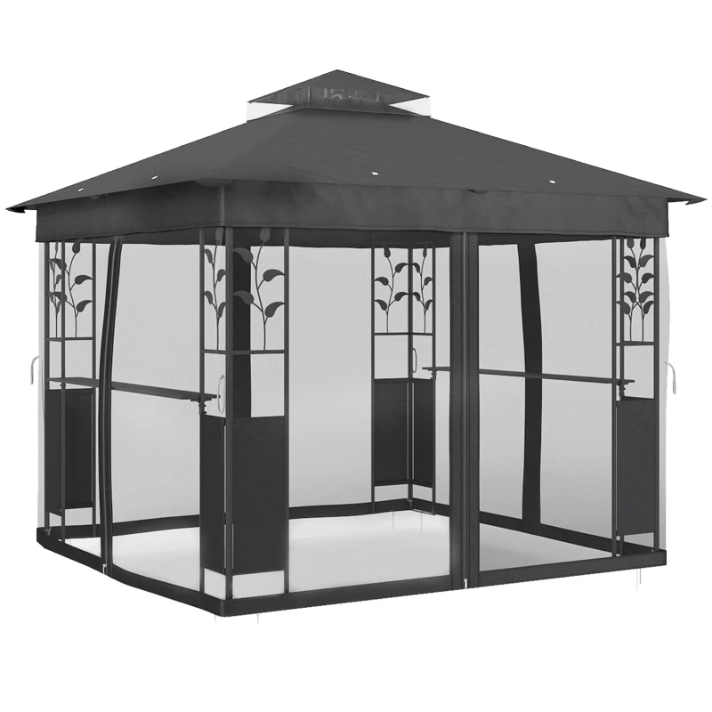 Outsunny 10' x 10' Outdoor Gazebo with Shelves and Netting, UV30+ Double Roof Patio Gazebo for Lawn, Backyard and Deck