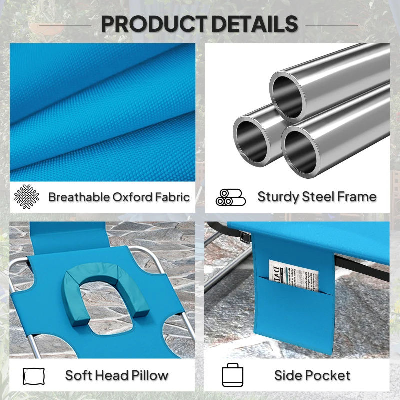 Outsunny Folding Outdoor Lounge Chair, 5-Level Tanning Chair with Face Hole, Side Pocket, Carry Strap for Beach Pool, Blue