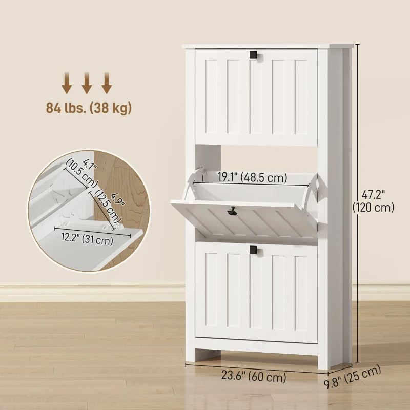 HOMCOM Slim Shoe Cabinet with 3 Flip Drawers, Shoe Storage Cabinet with Adjustable Shelves for Entryway, Holds 12 Pairs, White