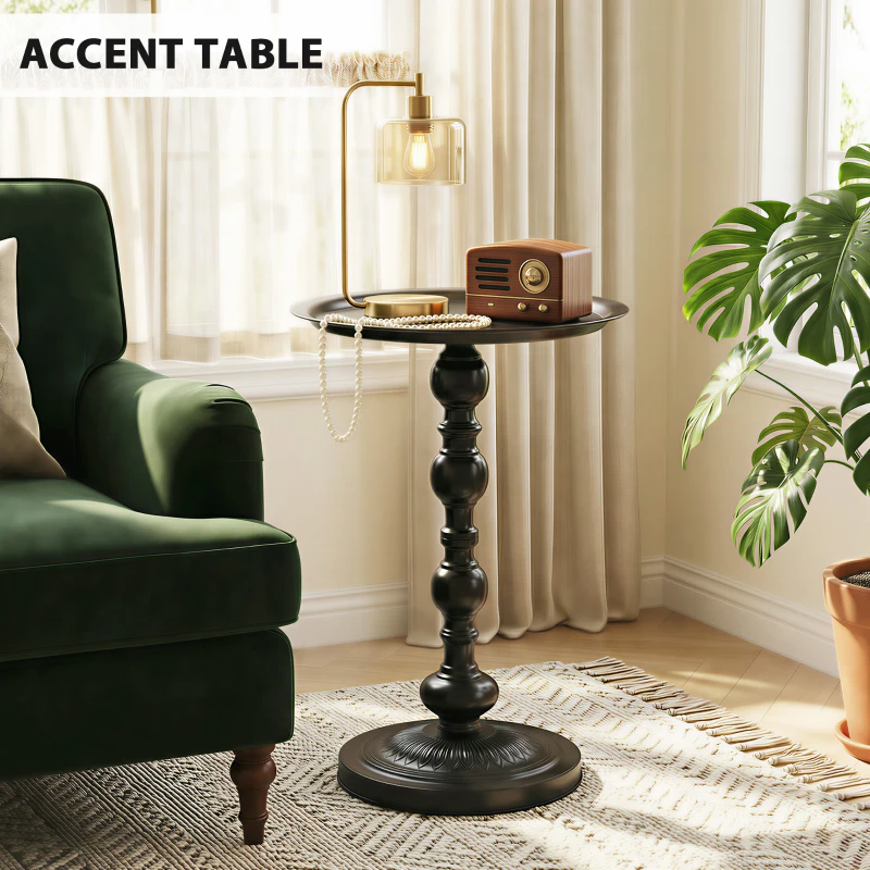 Outsunny 15.4" Round Outdoor Side Table, Tray Top Metal Patio Table with Retro Column Base for Indoor, Balcony, Garden, Black