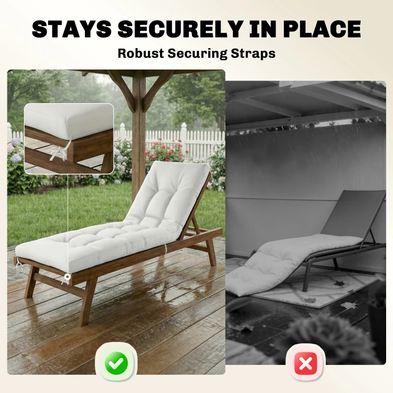 Outsunny Patio Lounge Chair Cushion, UV50+ Chaise Lounge Chair Cushion with Securing Straps for Patio, 78 x 25.6 inch, Cream White
