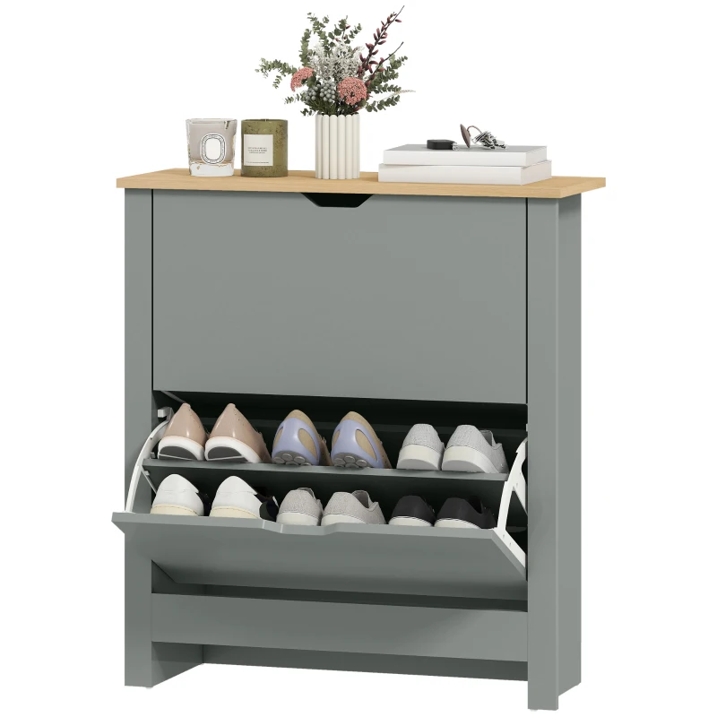 HOMCOM Shoe Storage Cabinet with 2 Flip Drawers and Adjustable Shelves for 12 Pairs of Shoes, Light Grey