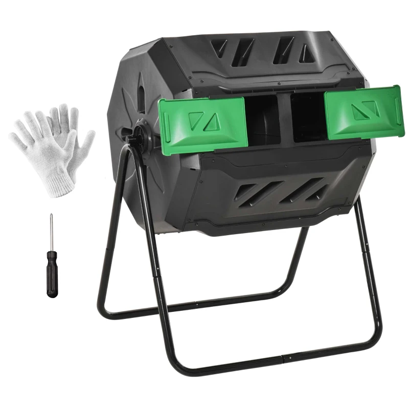 Outsunny Tumbling Compost Bin Outdoor Dual Chamber 360° Rotating Composter 43 Gallon with Sliding Doors, Green