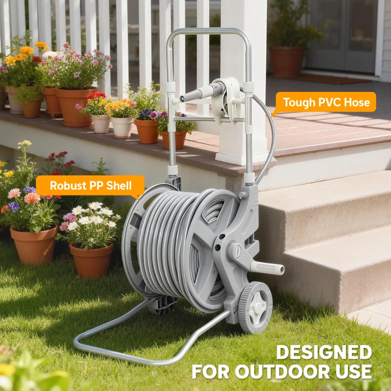 Outsunny Hose Reel Cart with Wheels, 1/2" x 148ft Garden Hose Reel with 2 Patterns Nozzle, Faucet Adaptors, Rewind Handle, Grey