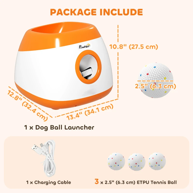 PawHut Automatic Dog Ball Launcher, Automatic Ball Launcher with 3 ETPU Balls, 26-79ft, for Medium and Large Dogs, Orange
