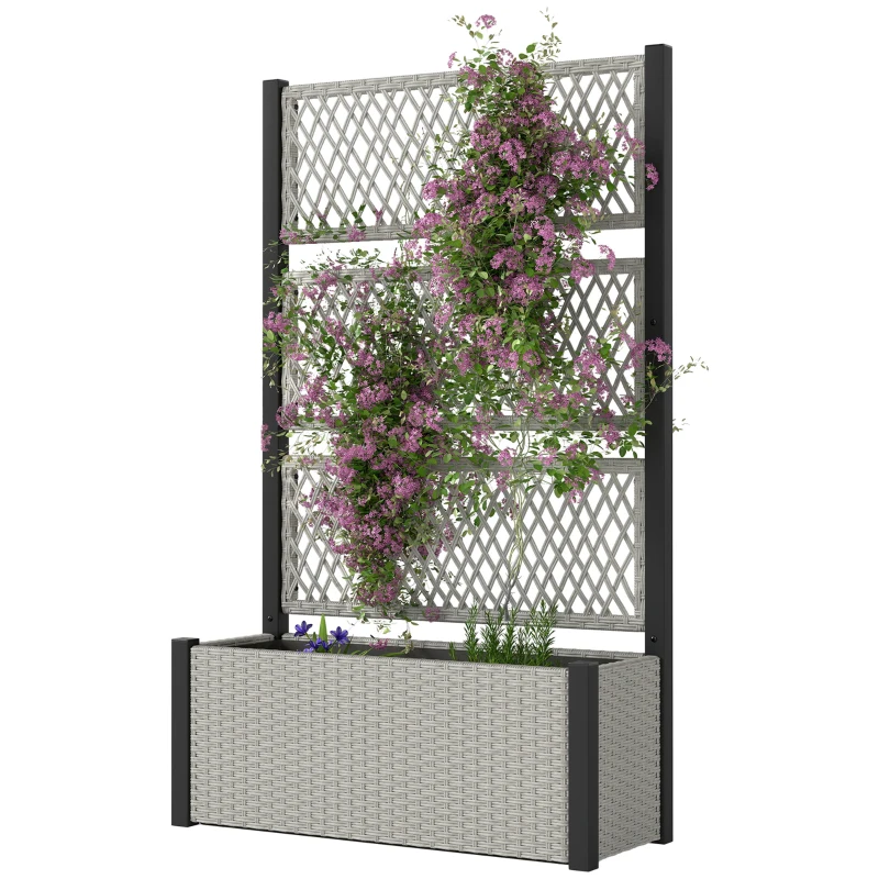 Outsunny Wicker Outdoor Planter with Trellis, 58" Standing Garden Bed with Liner, Drainage Holes for Climbing Plants, Mixed Grey