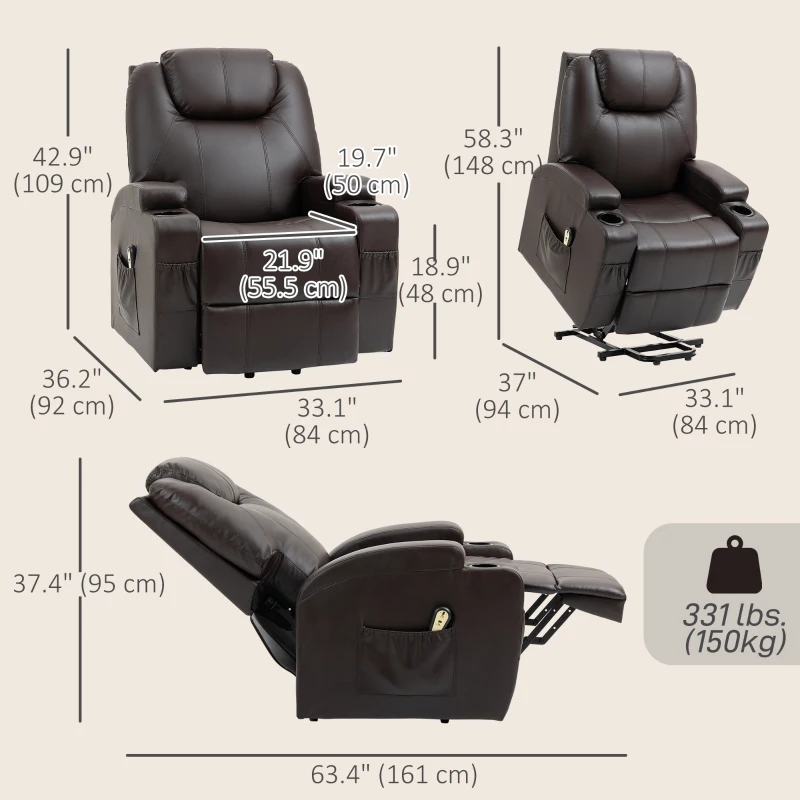 HOMCOM Power Lift Recliner Chair for Elderly, PU Leather Lift Chair with Thick and High Back, Footrest, Remote, Side Pockets, Cup Holders, Reclining Sofa for Living Room, Brown