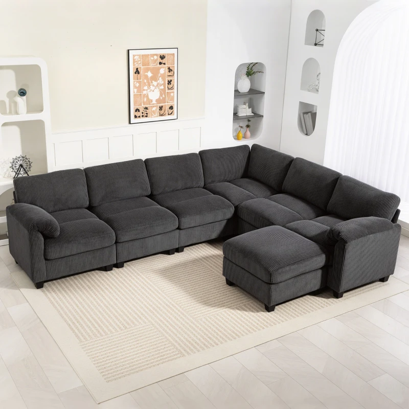HOMCOM Modular Sectional Sofa, Oversized U-Shaped Couch with Spring Cushion, Corduroy Sofa for Living Room, Charcoal Grey