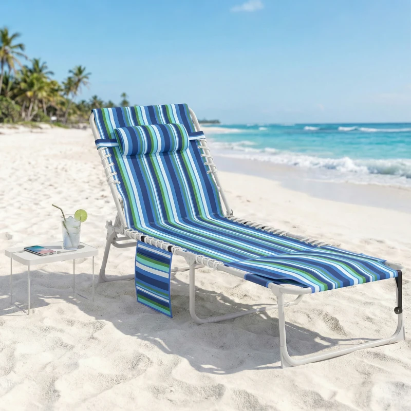 Outsunny Tanning Chair with Face Hole and Side Table, Folding Outdoor Lounge Chair with Carry Straps, Side Pocket, Blue Stripe
