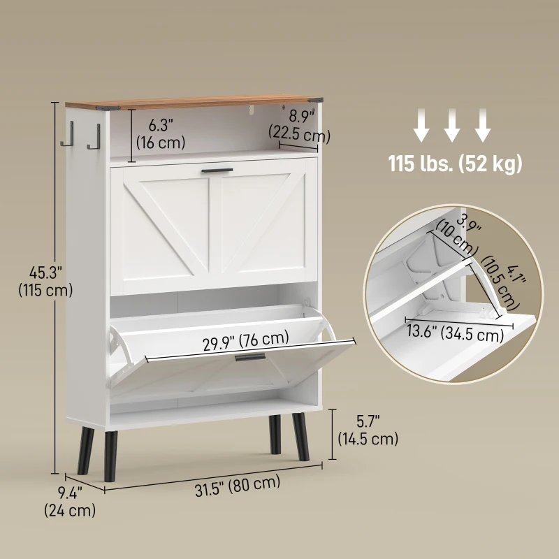 HOMCOM Shoe Storage Cabinet with 2 Flip Drawers, Farmhouse Narrow Shoe Cabinet, Holds Up to 16 Pairs, White