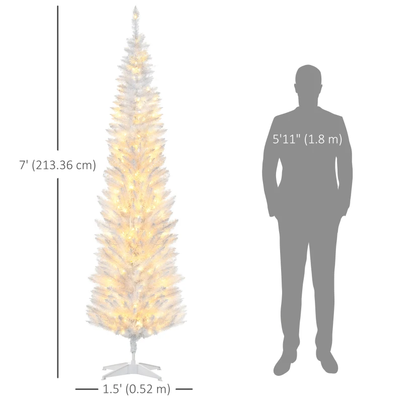 HOMCOM 7' Pre Lit Artificial Pencil Christmas Trees, Xmas Tree with Realistic Branches and Warm White LED Lights, White