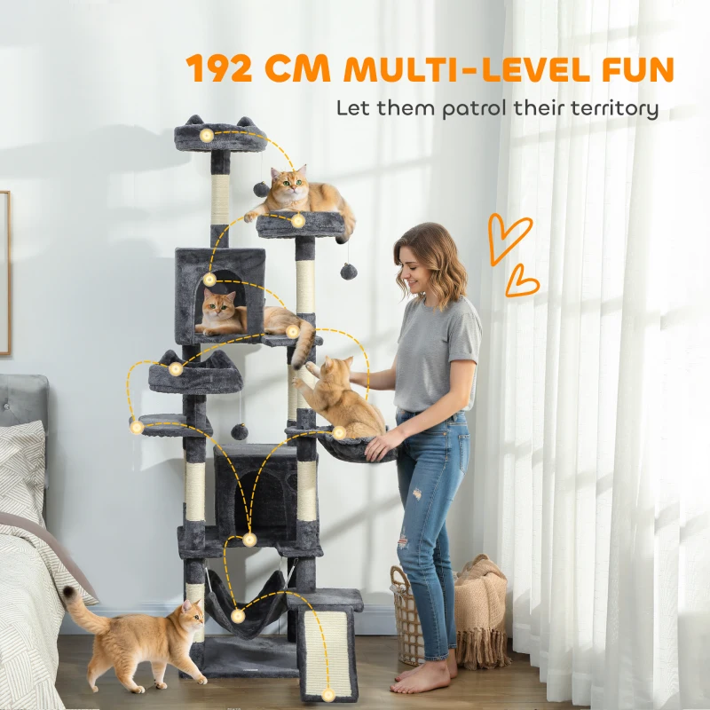 PawHut 76" Large Cat Tree for Indoor Cats with 8 Scratching Posts, 3 Plush Beds, 2 Hammocks, 2 Large Condos, Ramp, Dark Grey