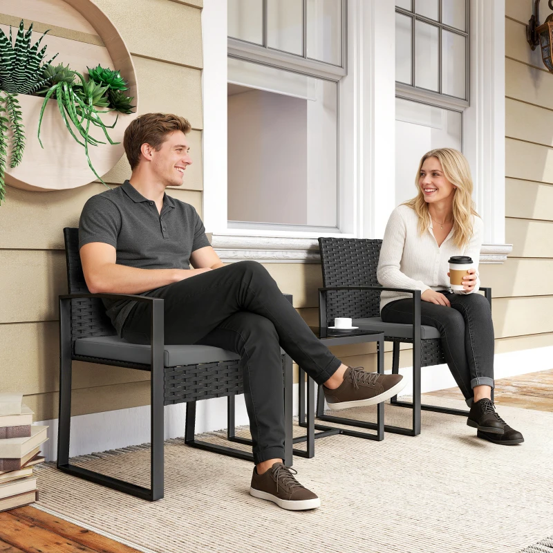 Outsunny Outdoor Bistro Set, 3 Piece Wicker Patio Furniture Set with Glass Top Table and Cushions for Porch, Balcony, Dark Grey