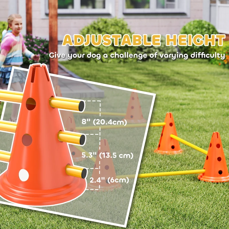 PawHut Dog Agility Hurdle Cone Set, Adjustable Obstacle Course Equipment with 8 Cones & 8 Poles, Carry Bag, Orange