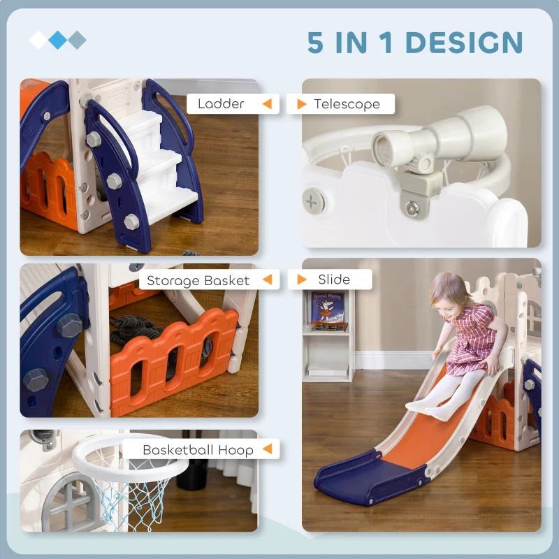 Qaba 5 in 1 Toddler Slide with Basketball Hoop, Climber, Telescope, Storage Basket, for 1-3 Years Kids Indoor Use, Orange