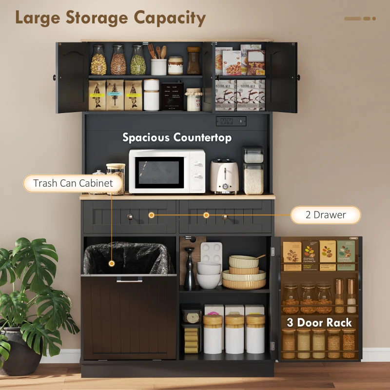 HOMCOM 68" Pantry Cabinet with Charging Station, Storage Cabinet with Microwave Stand, 10 Gallon Trash Can Cabinet, Black